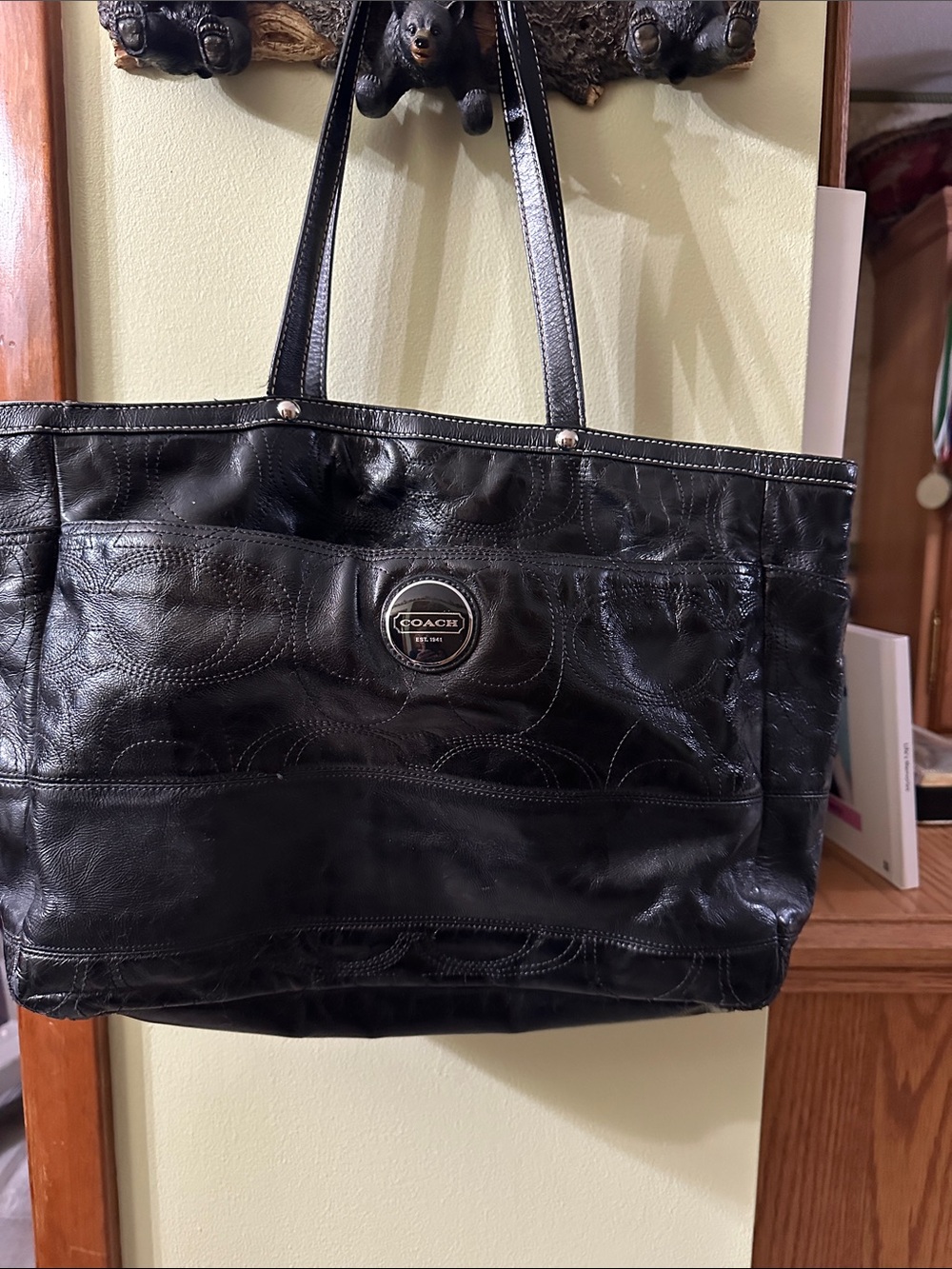Coach Black Leather Signature Tote with Double Handles 2011